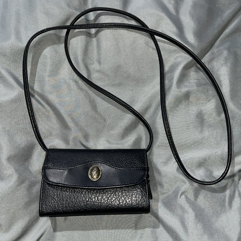 Vintage Roger Gimbel Crossbody Small Clutch Handbag Black Purse Bag with mirror.